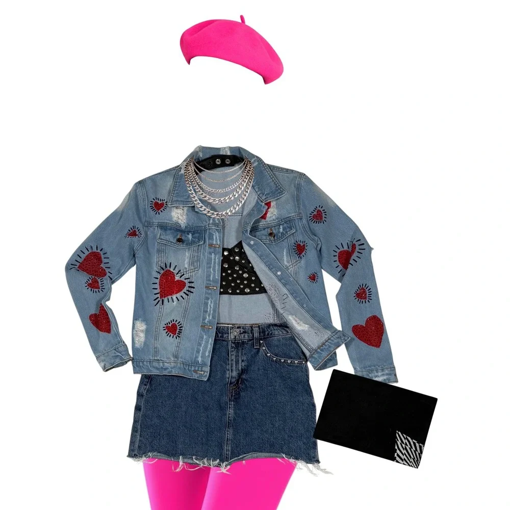 One-Of-A-Kind Distressed Denim Jacket Red Beaded Hearts Light Wash - Picture 6 of 6